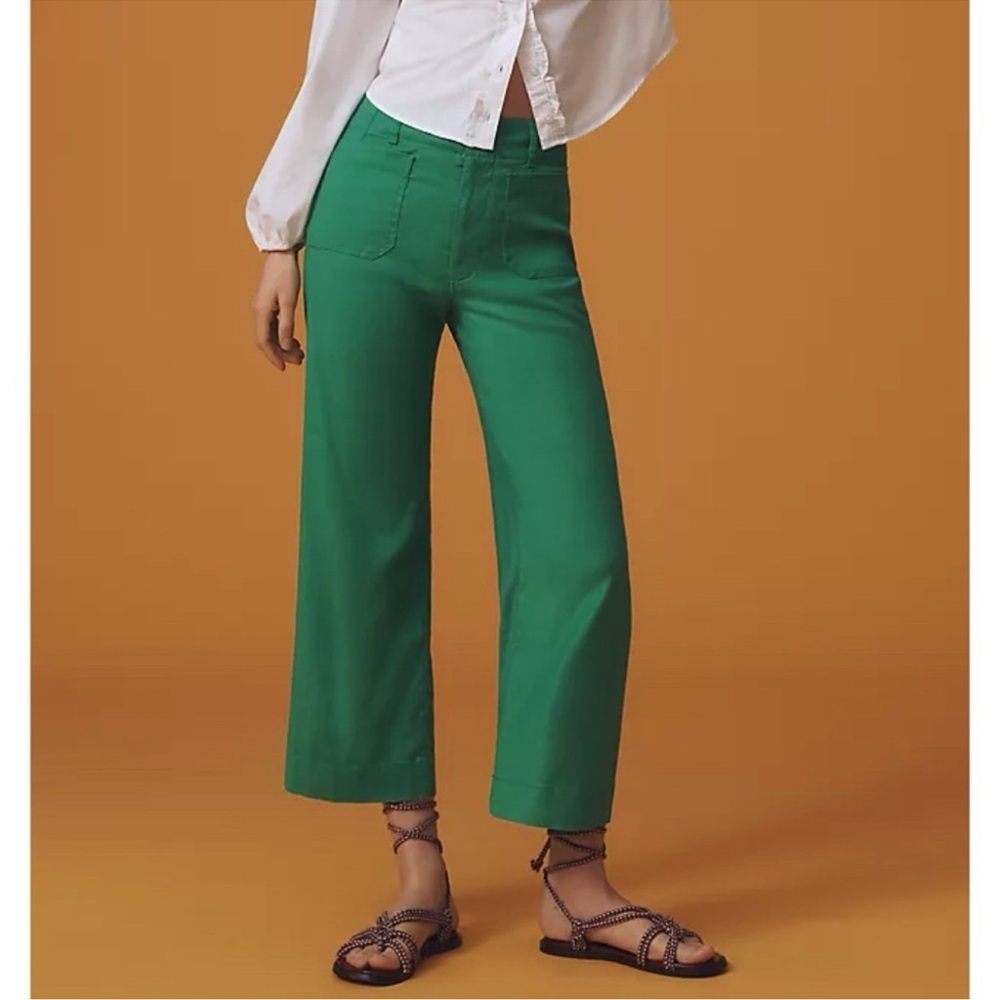 NWT Anthropologie The Colette Linen Cropped Wide-Leg Pants Bright Green 25